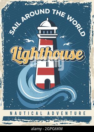 Lighthouse poster. Nautical retro placard with lighthouse travel marine symbols vector Stock Vector