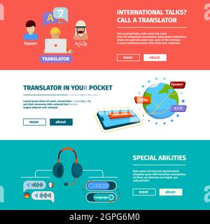 Translator banners. Horizontal pictures with app translation services bilingual translator dictionary ebooks vector templates Stock Vector