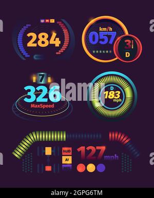 Speedometer futuristic. Automobile racing speed panel fuel and kilometers indicators dashboard vector template Stock Vector