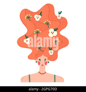 Portrait of girl with raised wavy hair decorated with many flowers. Floral hairpins. Woman with blooming hairstyle. Spring character. Beauty salon brochure, shampoo label, print for postcard. Vector Stock Vector