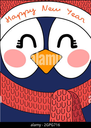 Cute christmas card with penguin in red scarf Stock Vector