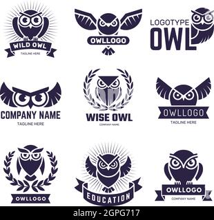 Owl badges. Flying birds with feathers wild animals emblems or logos vector collection Stock Vector