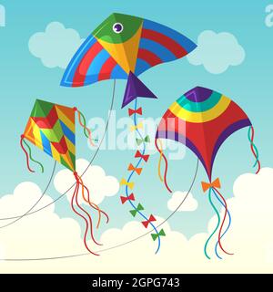 Kite in cloud. Flying outdoor air kite vector funny toys for kids vector background in cartoon style Stock Vector