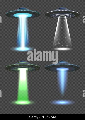 Ufo lights. Futuristic spaceship spotlight with fog transparent light of future technology vector realistic illustrations Stock Vector