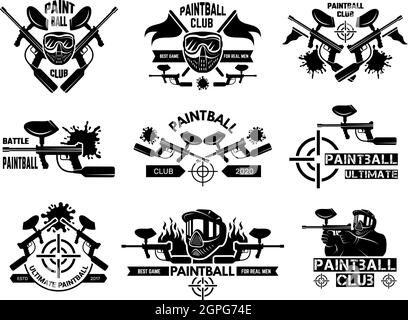 Paintball badges. Sport shields with gun paint shooter with weapons and target vector template Stock Vector