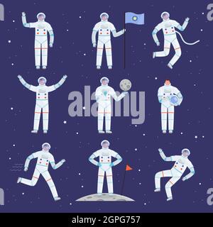 Astronauts characters. Spaceman people in action poses overall professional clothes suit vector cosmonaut Stock Vector