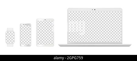 Device mockups. Realistic white laptop, smartphone tables and smart clock. Isolated modern gadgets with transparent screens vector illustration Stock Vector
