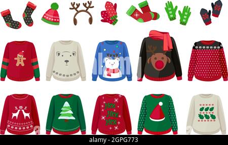 Winter cloth. Ugly sweaters hat mittens and socks. Cute Christmas time warm apparel and accessories vector illustration Stock Vector