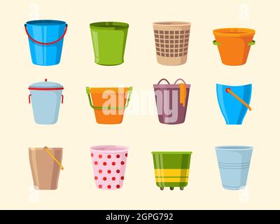 Empty bucket. Metal plastic and wooden buckets collection containers for garbage vector collection Stock Vector