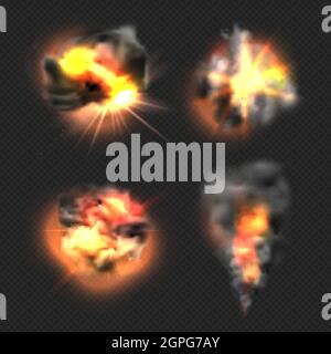 Bomb explosion. Exploded fire flame and smoke dramatic effects vector realistic templates Stock Vector