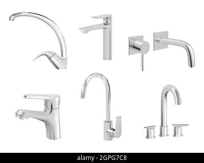 Water chrome tap. Kitchen tools plumbing accessories vector realistic collection pictures of aqua tap Stock Vector