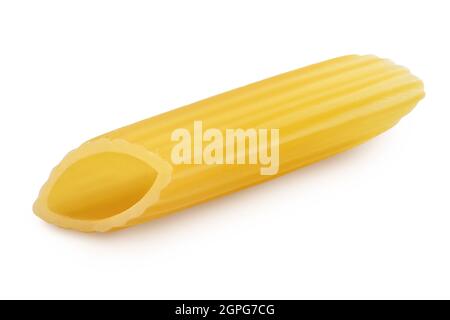 Raw italian penne rigate pasta isolated on white background with clipping path and full depth of field Stock Photo