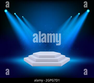 Spot lighting podium. Theatre studio awards platform exhibition floor geometrical stages vector background Stock Vector