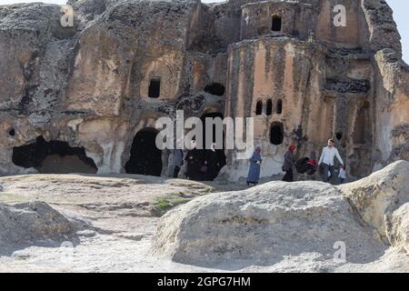 Afyonkarahisar, Turkey - September 26, 2021: People are visiting ancient caves in the Phrygian Valley. Phrygian Valley is a historical place in Turkey Stock Photo