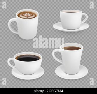 Coffee cup isolated on white. Top view and side view white coffee cup.  Coffee espresso beverage, breakfast and caffeine, cappuccino and saucer.  Coffee cup vector illustration Stock Vector
