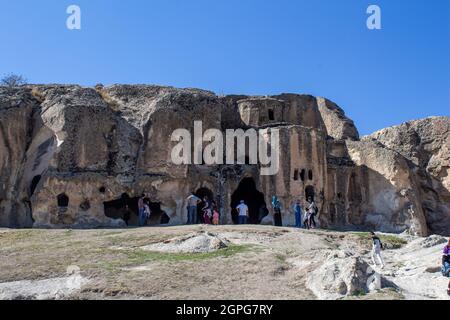 Afyonkarahisar, Turkey - September 26, 2021: People are visiting ancient caves in the Phrygian Valley. Phrygian Valley is a historical place in Turkey Stock Photo