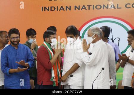 New Delhi, India. 28th Sep, 2021. Kanhaiya Kumar Former CPI leader joins Congress party at All India Congress Committee party headquarters in New Delhi, India on Tuesday September 28th, 2021. Photo by Anshuman Akash/ABACAPRESS.COM Credit: Abaca Press/Alamy Live News Stock Photo