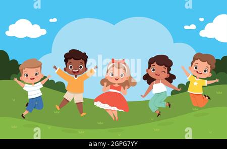Jumping kids in playground. Sunny weather and playing happy group of children summer camping relax vector joyful holiday background Stock Vector