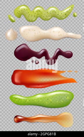 Sauce realistic. Liquid food splashes mayonnaise ketchup chili eating gourmet kitchen ingredients vector templates Stock Vector