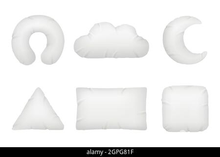 Pillows different shapes. Night symbols for relax and comfortable rest inflatable or feathers pillows vector realistic Stock Vector