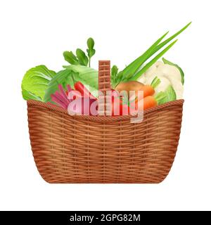 Vegetables basket. Realistic picnic decorative container basket for natural healthy vegetables isolated on white Stock Vector