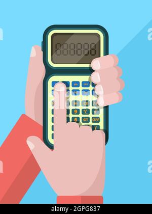 Calculator hand. Businessman holding and using calculator with numbers. Vector flat illustration Stock Vector