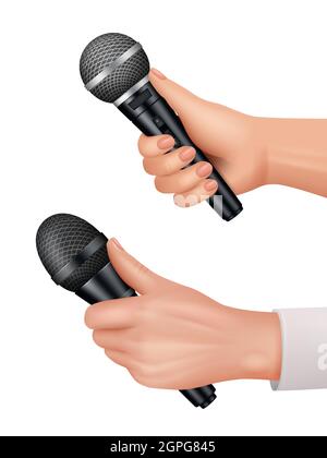 Microphones in hands. Interviewer equipment news audience dialog vector proffesional items realistic Stock Vector