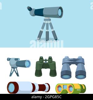 Binoculars. Travel telescope reflection optical tools for outdoor exploration vector flat style illustrations Stock Vector