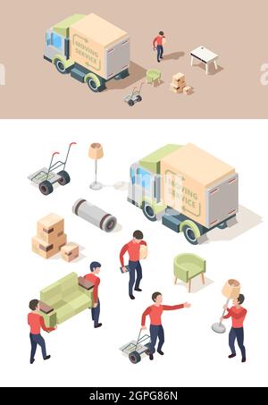 Loading furniture. Transporting vehicle move out furniture in new house lifting boxes vector people working isometric Stock Vector