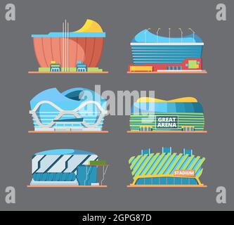 Stadium building. Exterior of sport arena field modern international stadiums construction vector flat illustrations Stock Vector