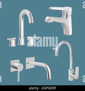 Water tap realistic. Aqua chrome kitchen utensil vector tap Stock Vector