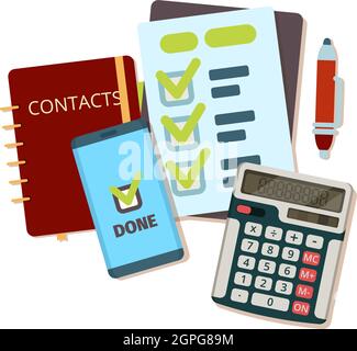 Calculator business tools. Modern stationery notebook pen paper sheet vector top view flat picture Stock Vector