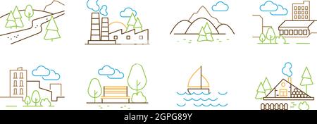 Linear landscape. Tree hills clouds houses park vector thin line illustrations Stock Vector