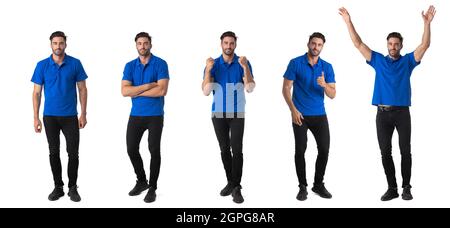 Collage of full length portriats of young man in casual clothes isolated on white background Stock Photo