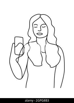 Minimalism hand drawn female vector portrait in modern abstract one line drawing graphic style. Decor print, wall art, creative design social media. Trendy template woman speaks on the phone on white Stock Vector