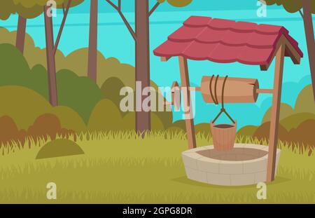Forest water well. Construction country wood vector wellness cartoon background Stock Vector