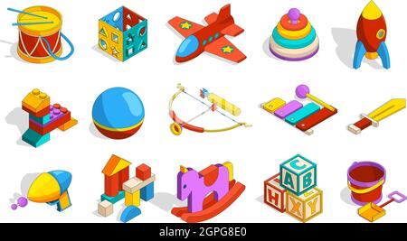 Toys isometric. Colored kindergarten objects for kids plastic preschool toys sets box blocks drum cars vector cute collection Stock Vector