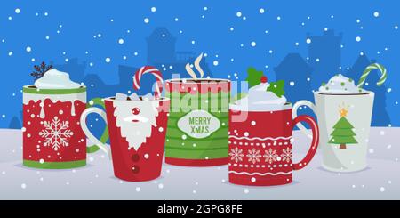 Hot drinks. Winter Christmas mugs background, holiday cocoa coffee chocolate. New year festive decoration vector illustration Stock Vector