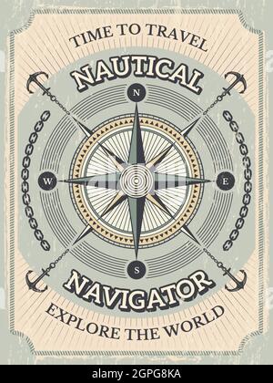 Nautical poster. Wind rose and stylized marine symbols for travelers placard for nautical adventures vector retro template Stock Vector