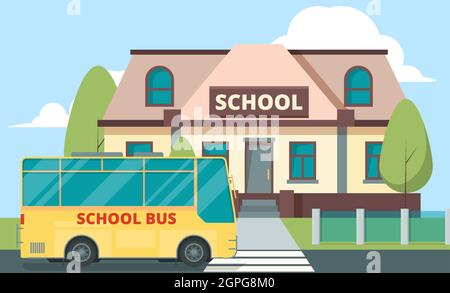 Yellow bus near school. Education concept background with daily transport for kids building vector cartoon Stock Vector