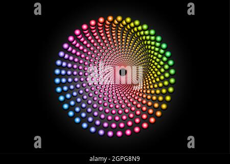 3D colorful halftone dots circle, spiral pattern round logo template, vector dotted frame. Spectrum Gradient color Mandala design element isolated Stock Vector