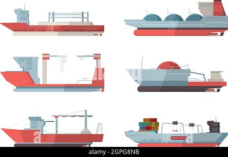 Cargo ship. Marine vessel ocean ship with crane and containers vector flat pictures Stock Vector