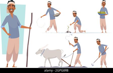 Indian farmer. India village cheering characters working with cow harvesting bangladesh people vector Stock Vector
