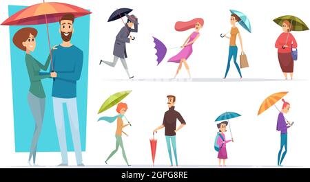 People with umbrella. Raining day walking adults male and female holding umbrella in hands vector characters Stock Vector