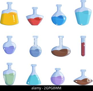 Magic bottles. Alchemy potion elemental magic 2d game items vector colored illustrations Stock Vector