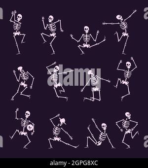 Skeleton party. Undead with skull and bones halloween dancer in funny poses vector characters collection Stock Vector