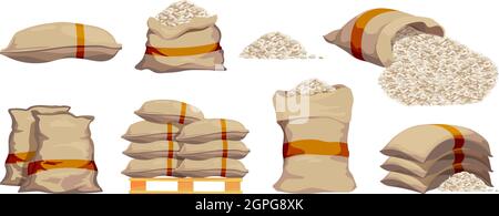 Rice bags. Pile with sackful textile objects grain agricultural collection vector sacks in cartoon style Stock Vector
