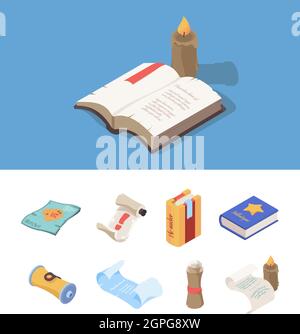 Vintage books isometric. Fantasy magic papers fairytale books for computer game medieval maps vector set Stock Vector