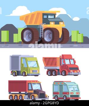Heavy trucks. Industrial vehicles trailers for cargo delivery and for builders road mining vector flat pictures of cars Stock Vector