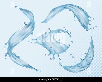 Water splashes. Flowing liquid aqua with various drops vector realistic set Stock Vector
